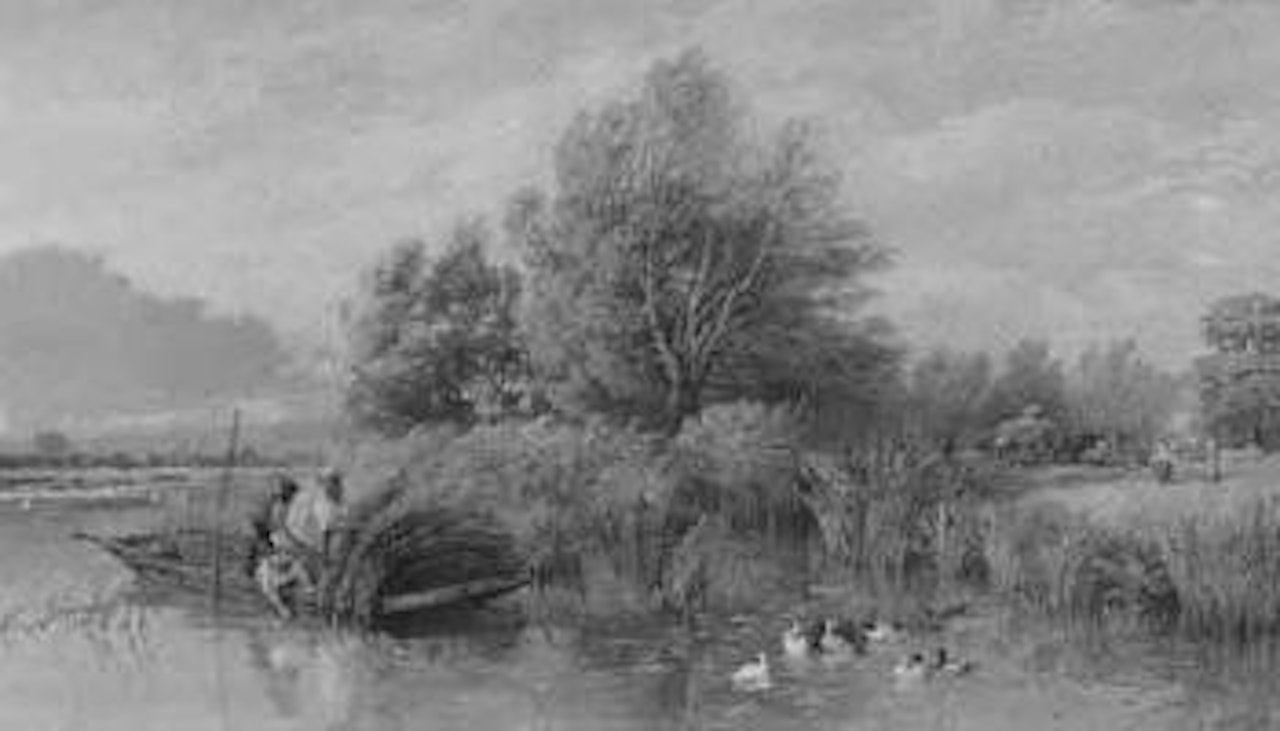Reed gatherers on river, haymakers beyond by Edward Duncan