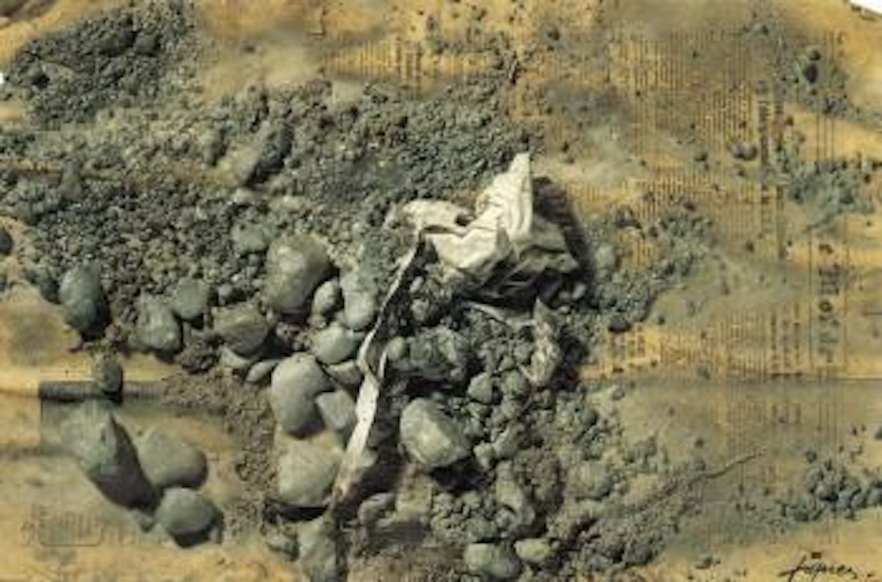 Newspaper with stones and cloth by Antoni Tapies