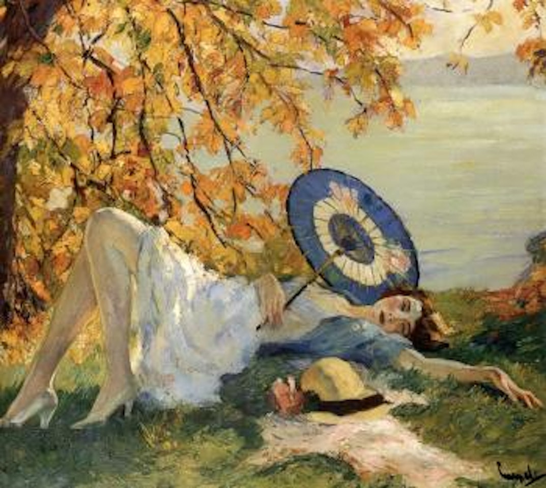 Woman reclining by a lake by Edward Cucuel