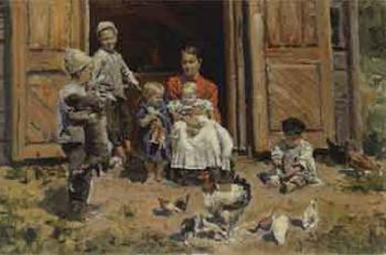 Mother and child on the farm by Vladimir Makovsky
