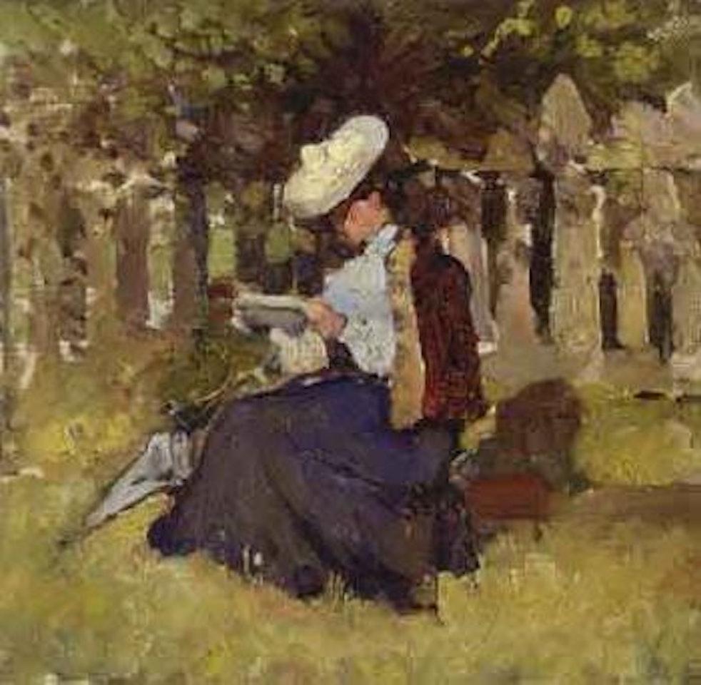Portrait of a seated lady reading by Ilya Yefimovich Repin