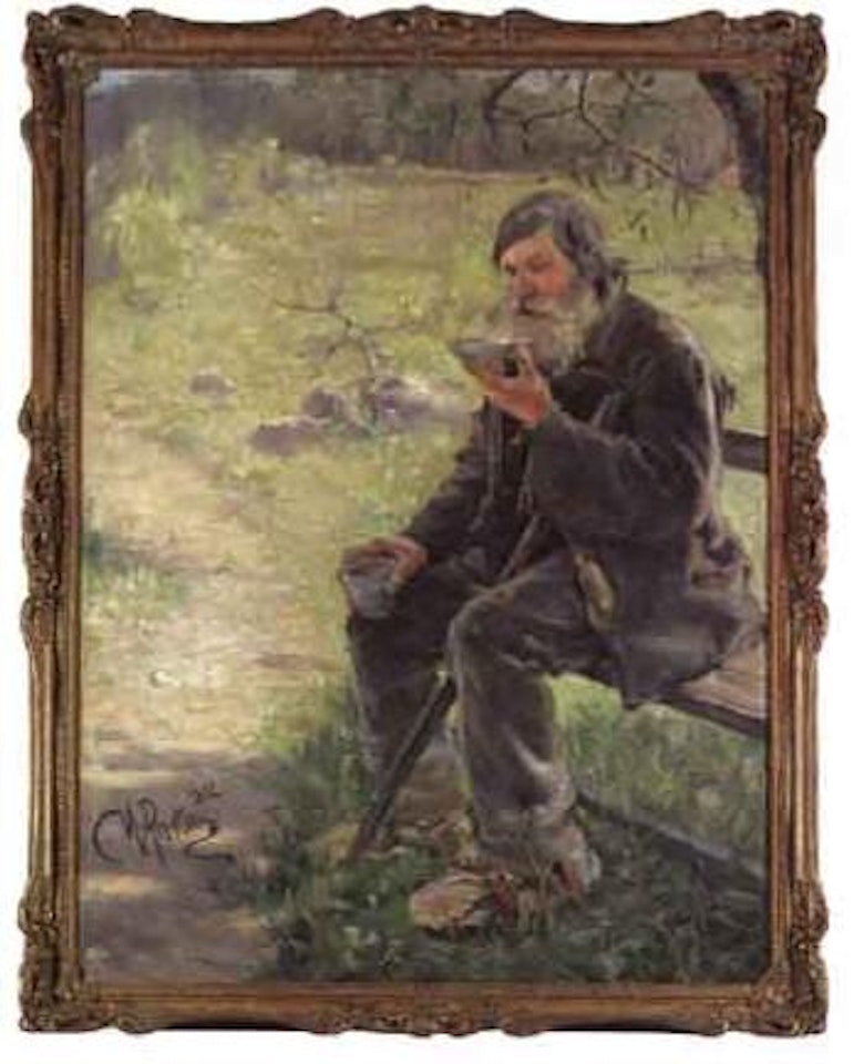 Portrait of bearded woodsman drinking tea by Ilya Yefimovich Repin