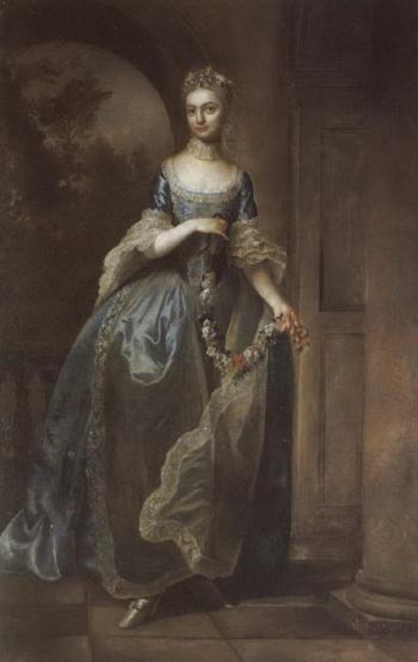 Portrait of lady wearing blue dress with lace cuffs, holding a garland of flowers by English School