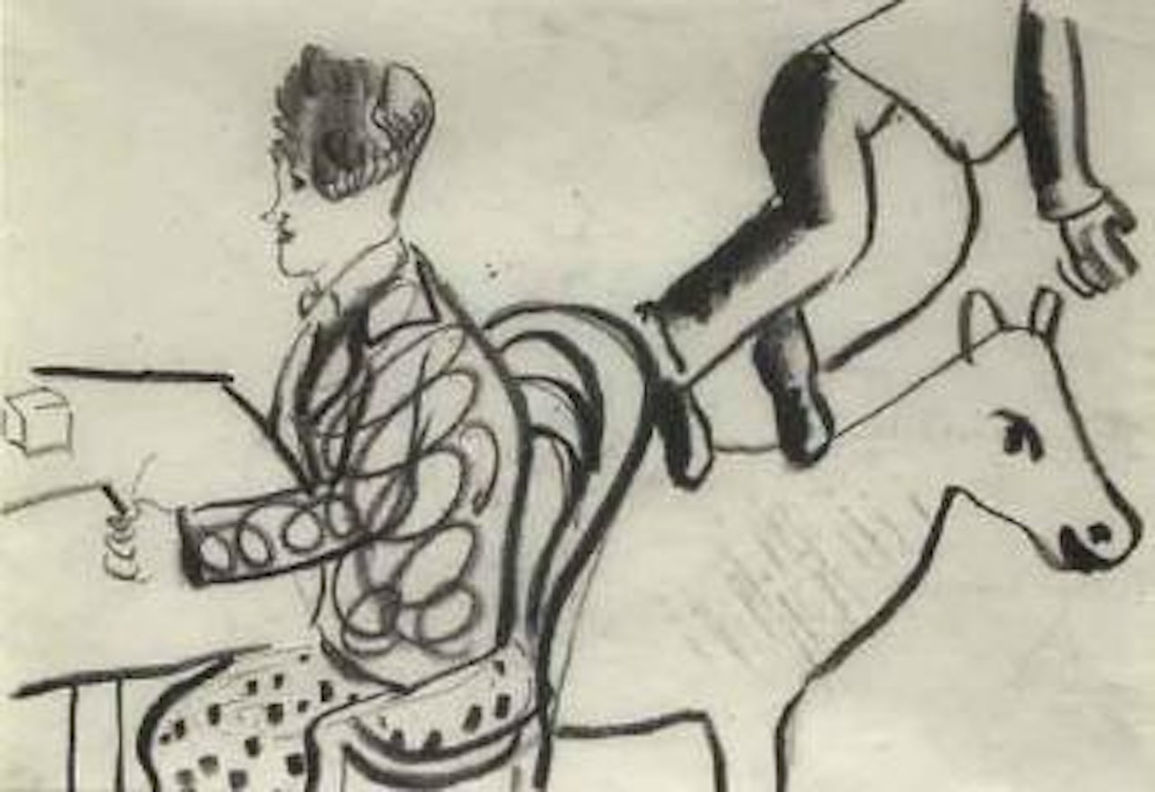 Homme et animal assis a table by Marc Chagall