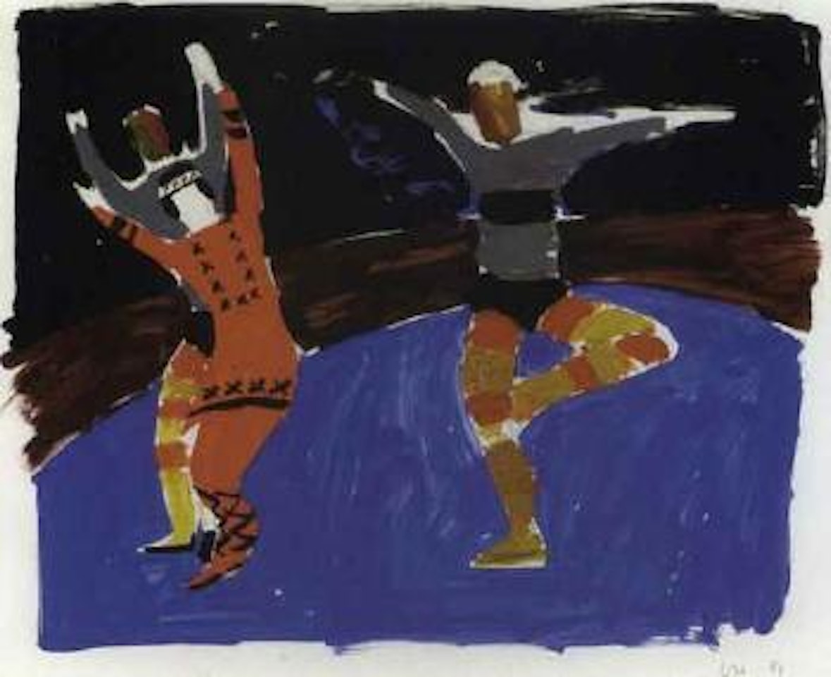 Sacre du Printemps, three dancers on stage by David Hockney