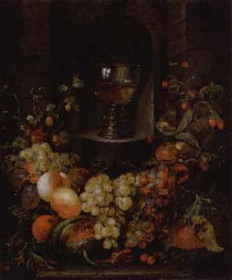 Roemer in niche surrounded by garland of grapes, apples, strawberries by Jan Pauwel Gillemans