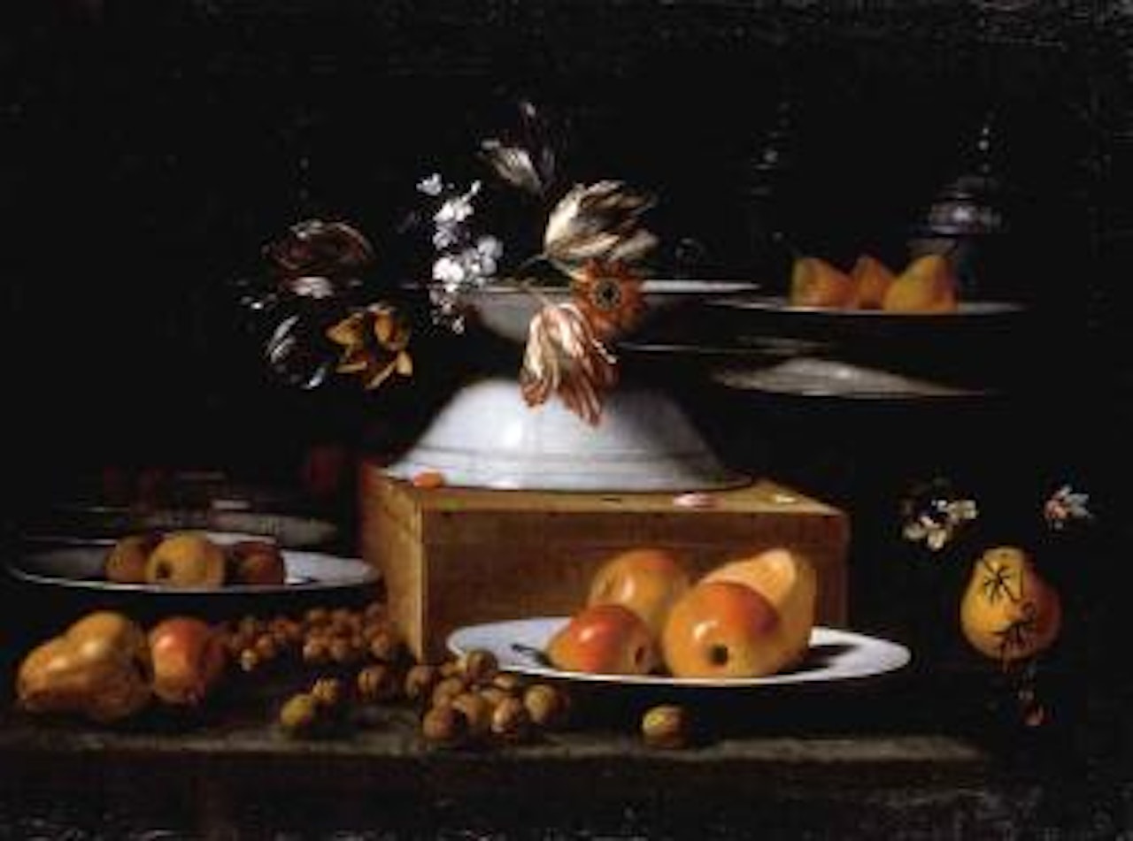 Tulips, poppy in dish on overturned bowl on box, with fruit and nuts by Spanish School