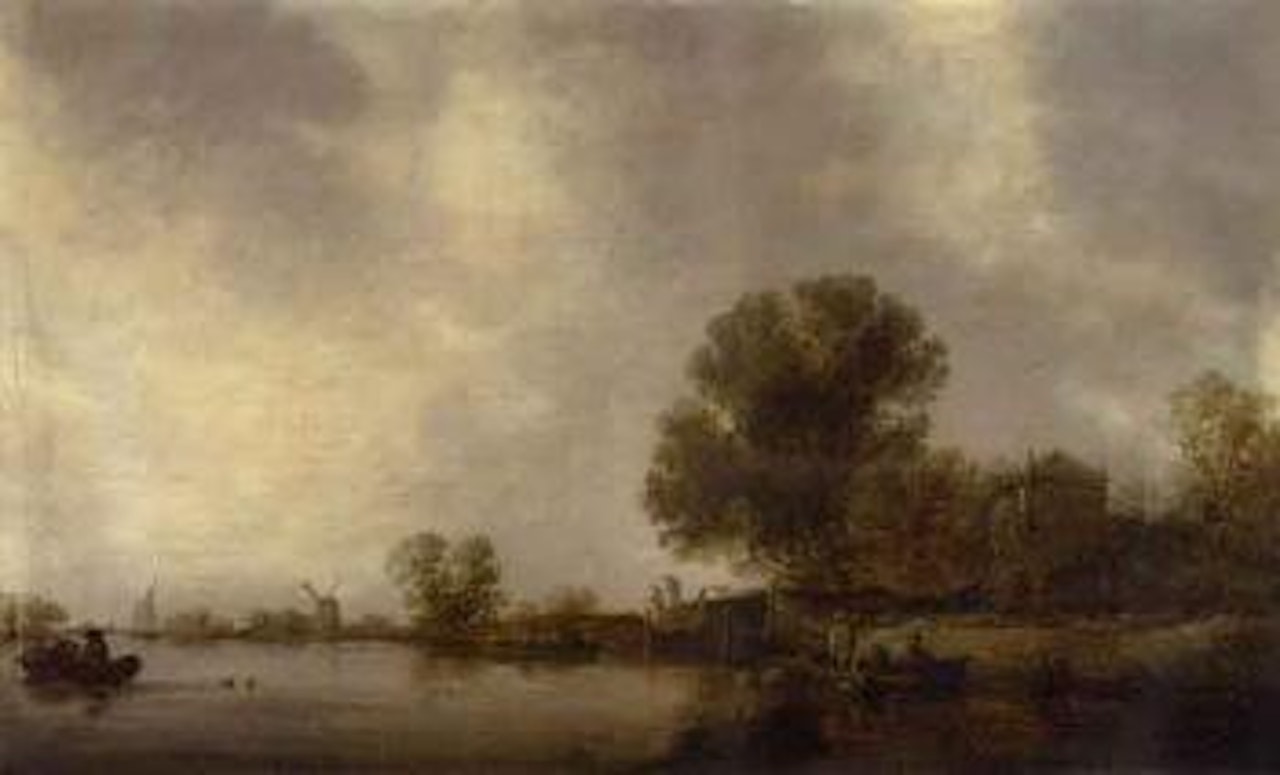 Wooded river landscape, fishermen in boat checking creels by Jan van Goyen