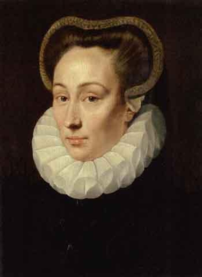 Portrait of lady in black brocade dress with organza ruff by Adriaen Thomas Key