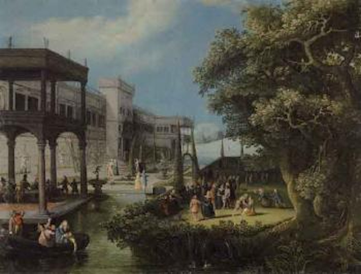 Fete galante in ornamental garden beside palace by Adriaen van Stalbemt