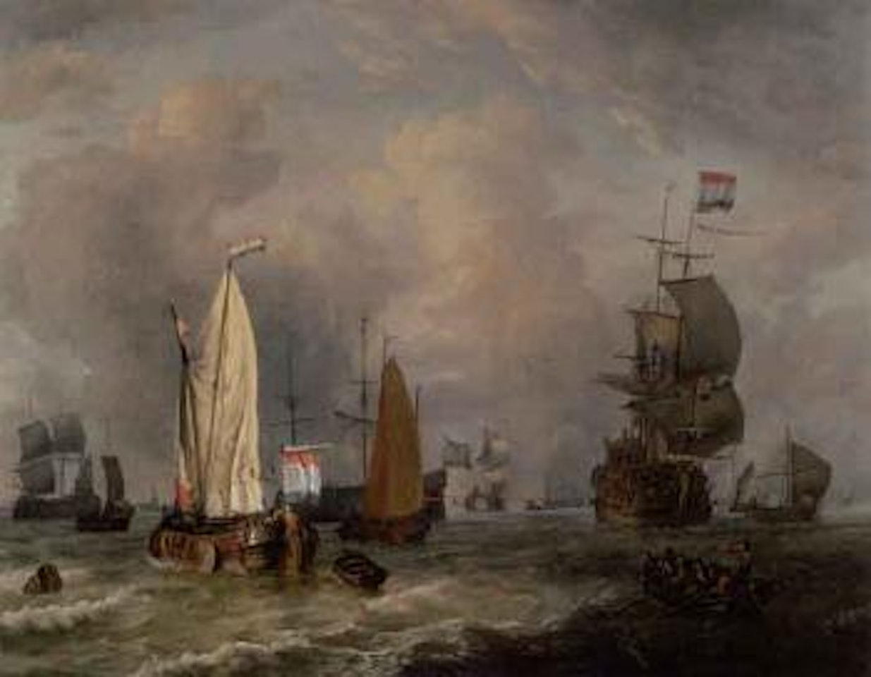 Smalschip, boeier yacht, Dutch frigate and other shipping in choppy sea s by Abraham Storck