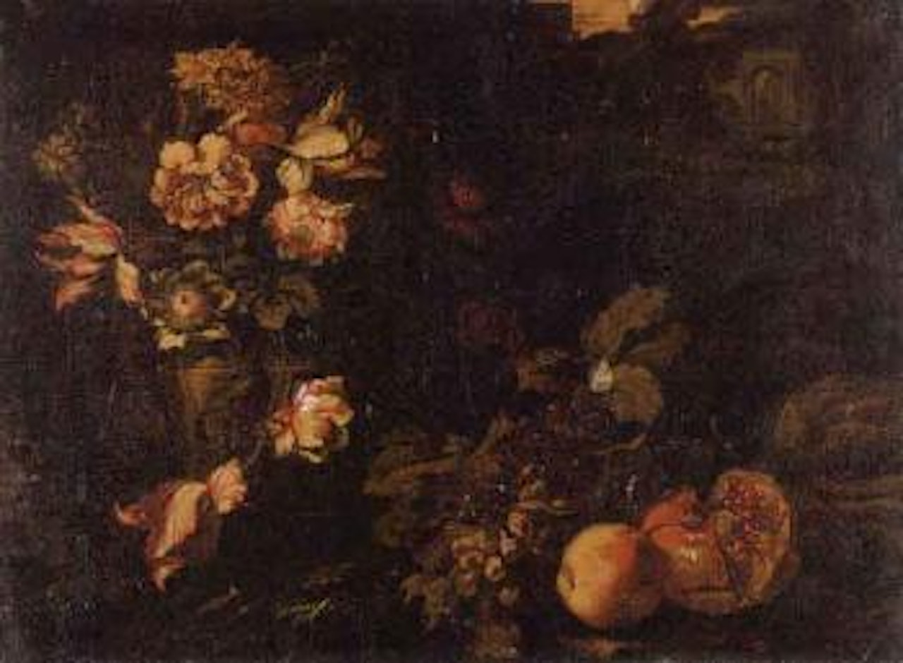 Tulips, narcissi, marigolds, other flowers in urn with fruit by Abraham Brueghel