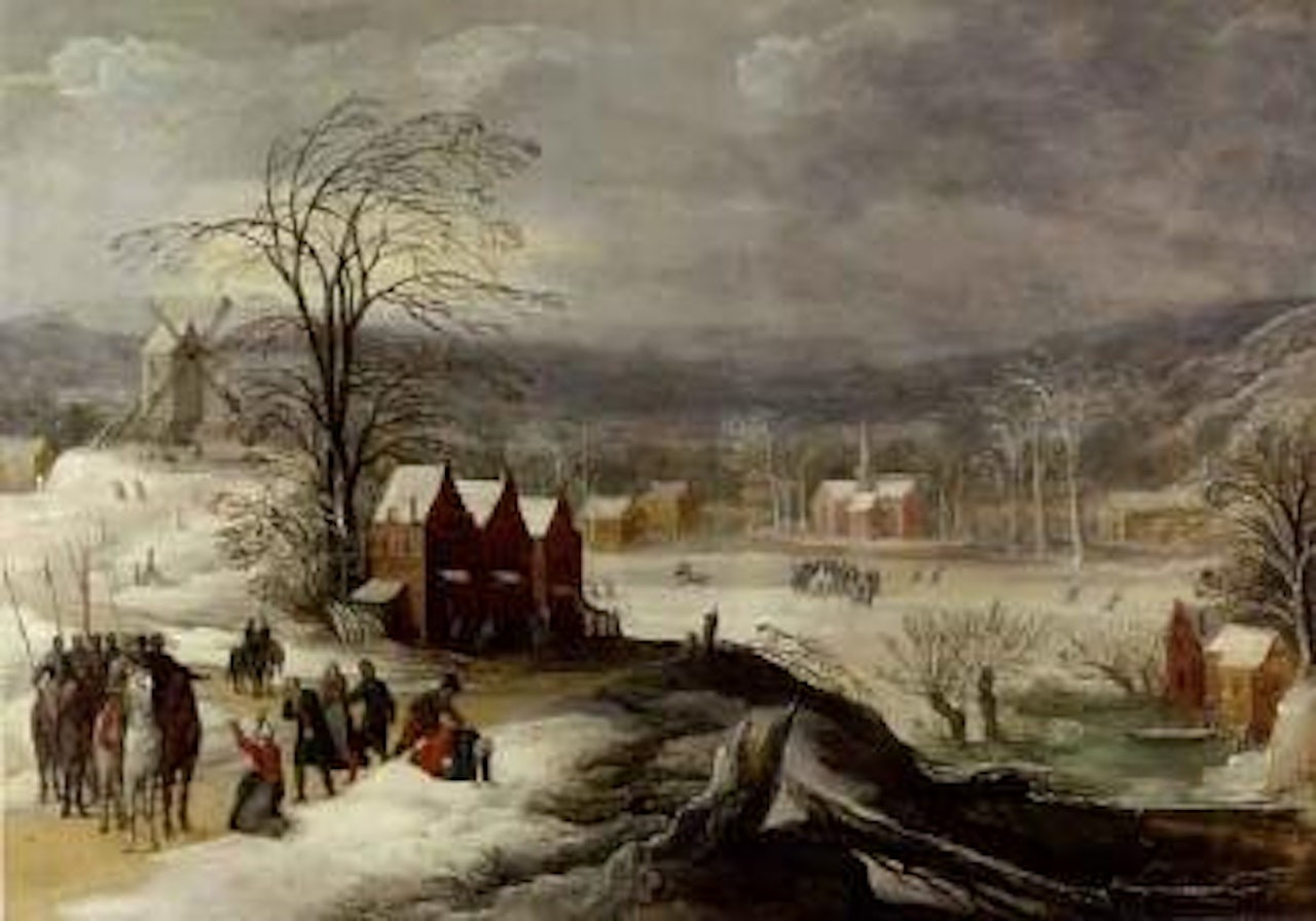 Winter landscape with soldiers at village by Joos de Momper the Younger