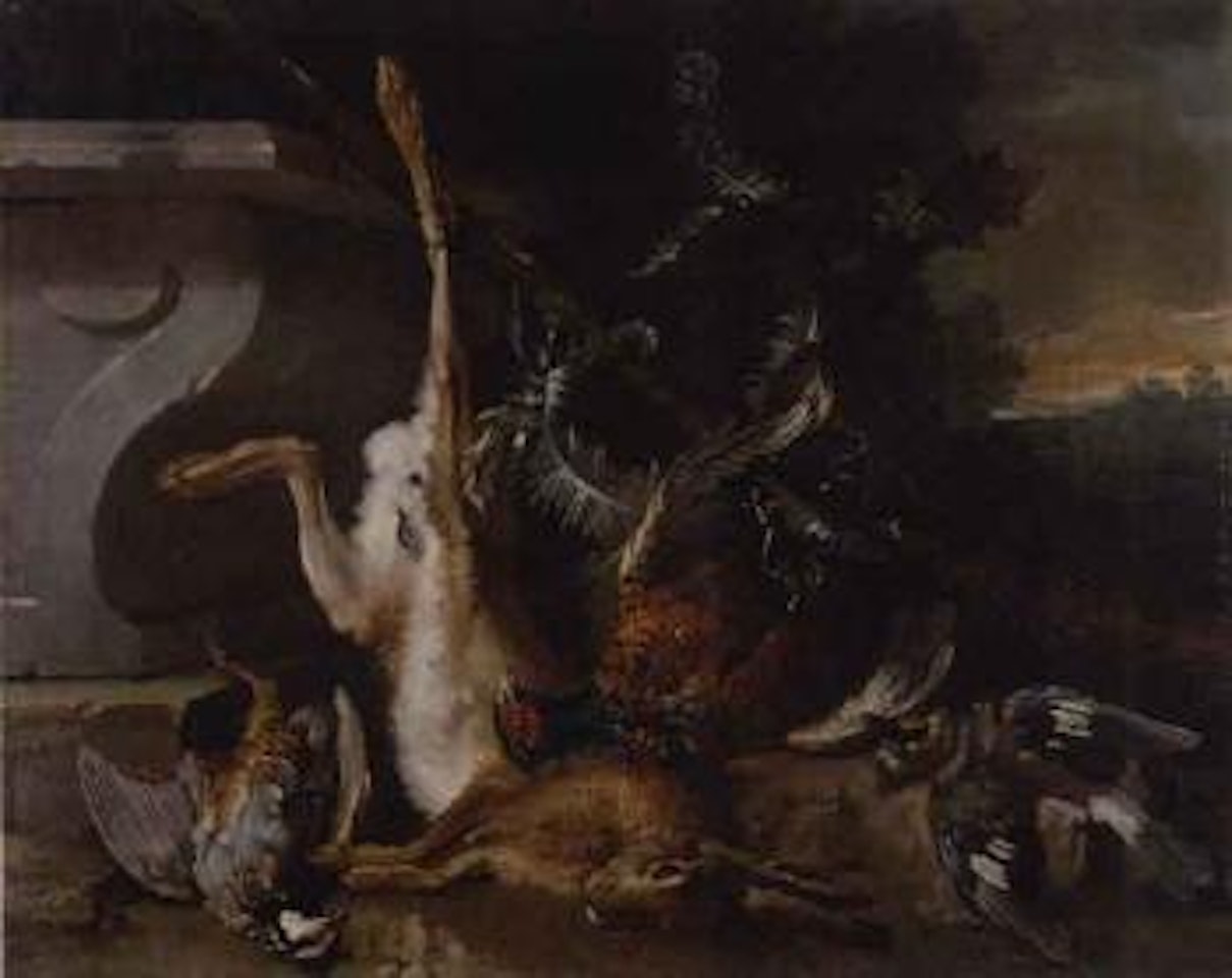 Dead hare, pheasant, partridge, jay, other game by plinth by Jean-Baptiste Oudry
