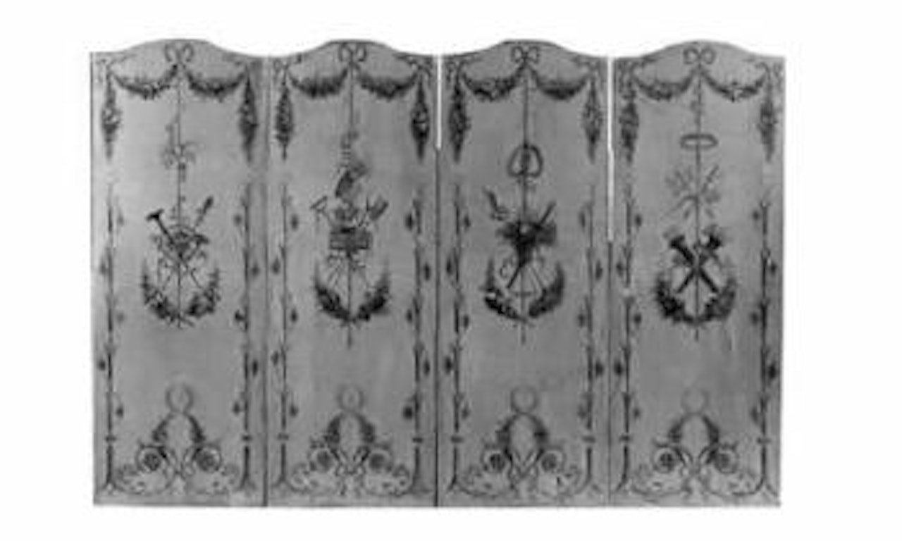 Trophees symbolisant la musique et la chasse dans decor by French School