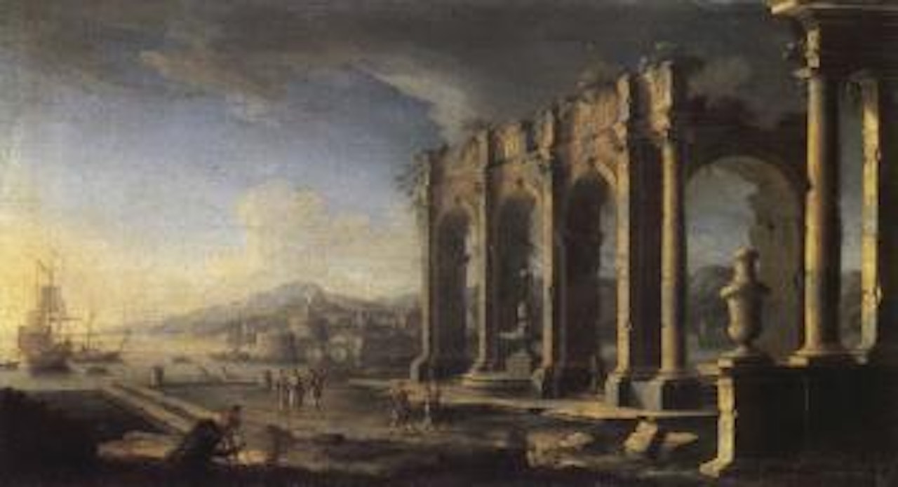Mediterranean harbour with figures beside ruins by Gennaro Greco