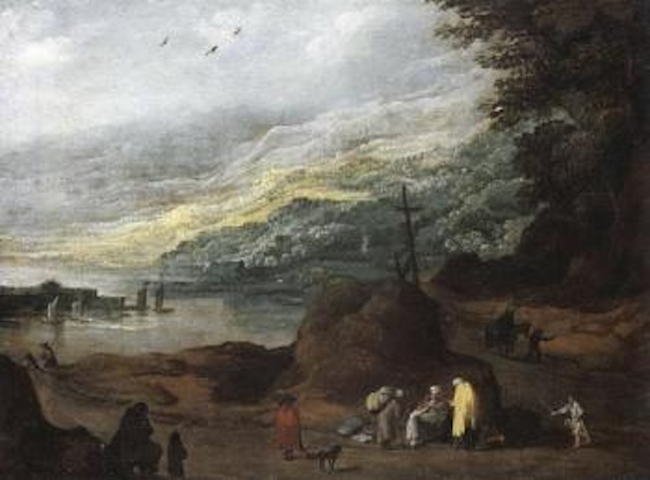 Rocky landscape with family resting beside a path with other travellers by Joos de Momper the Younger