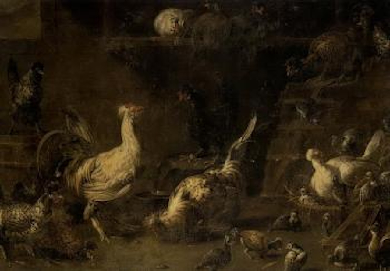 Bantam cockerels and hens with their chicks in chicken shed by Adriaen van Utrecht