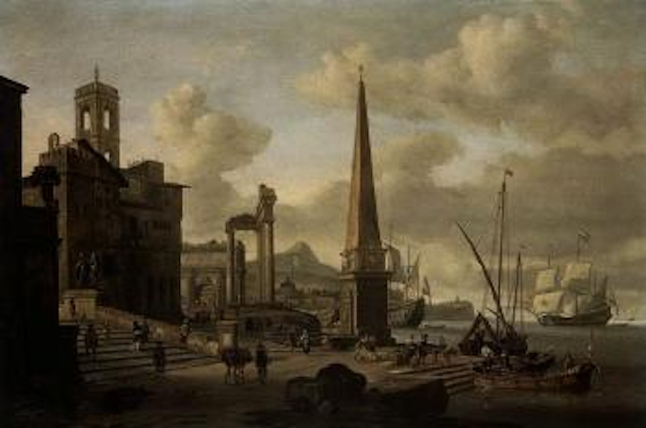 Capriccio of Mediterranean port, with figures loading boats by Abraham Storck