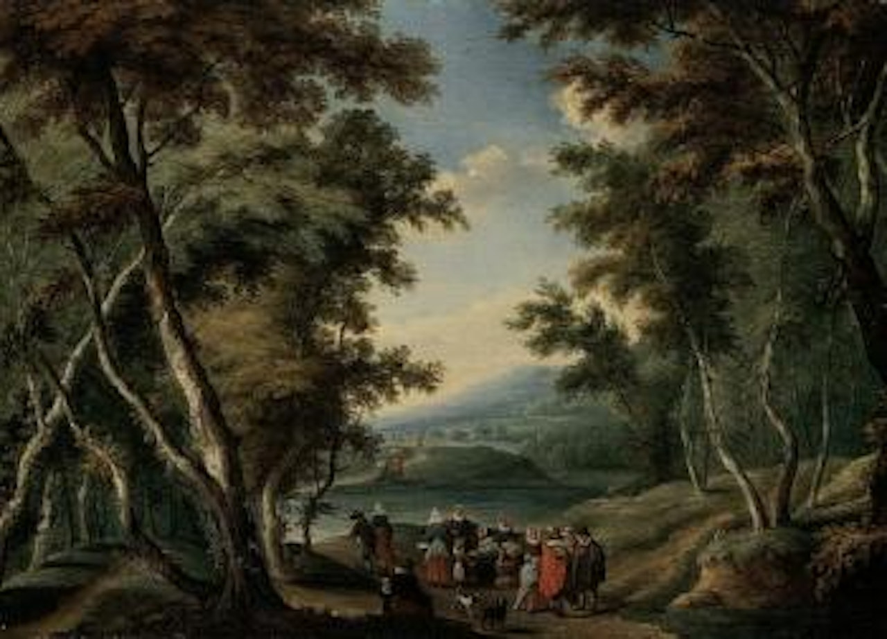 Bosky landscape with fruit seller and figures on tracks by Karel Beschey