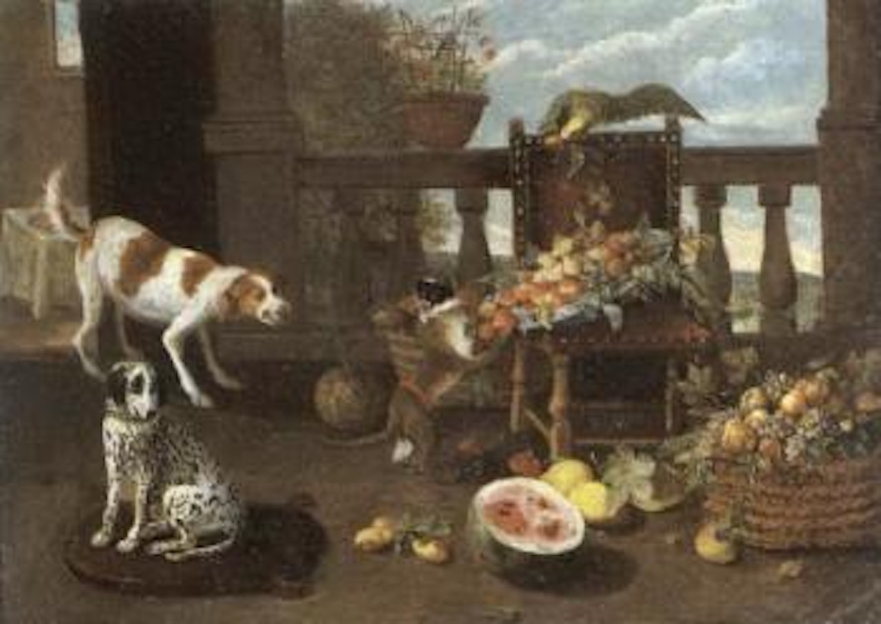 Dog surprising monkey overturning bowl of fruit. Dog leaping on chair with overturned bowl of fruit by Jan Van Kessel The Elder