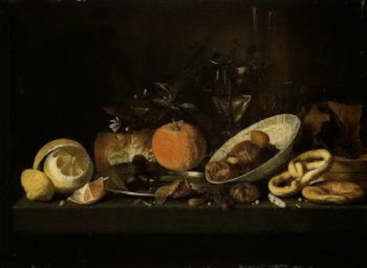 Still life of peeled lemon, oranges, nuts in blue and white porcelain bowl by Jan Davidsz de Heem
