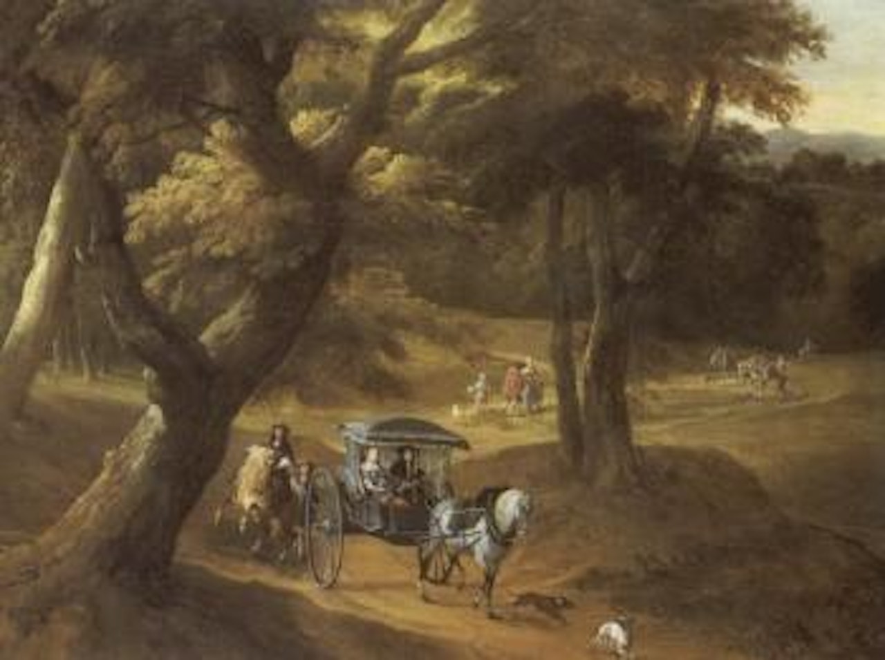 Woodland landscape with elegant company in horse-drawn carriage by Adriaen Frans Boudewyns by Pieter Bout