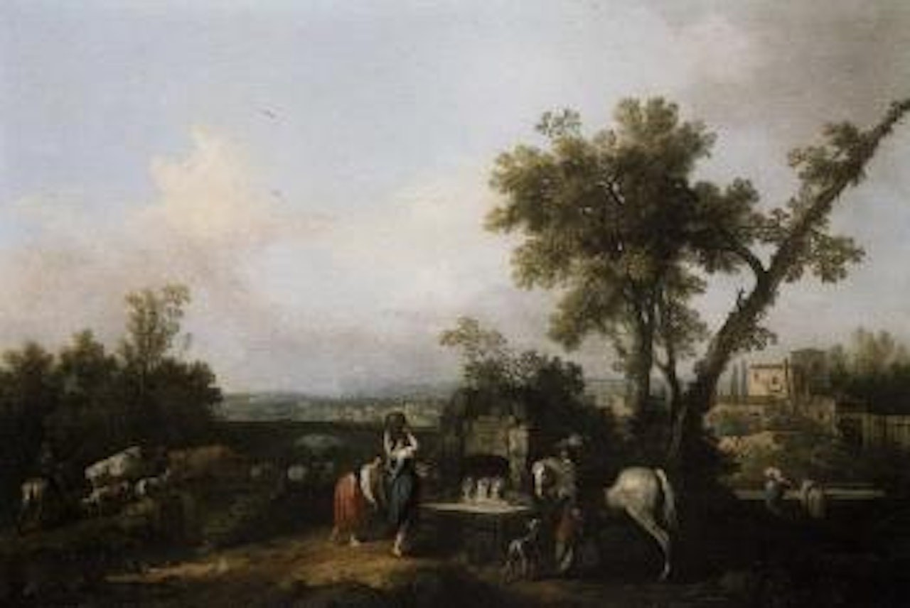 Italianate landscape with rider halted at well by Francesco Zuccarelli