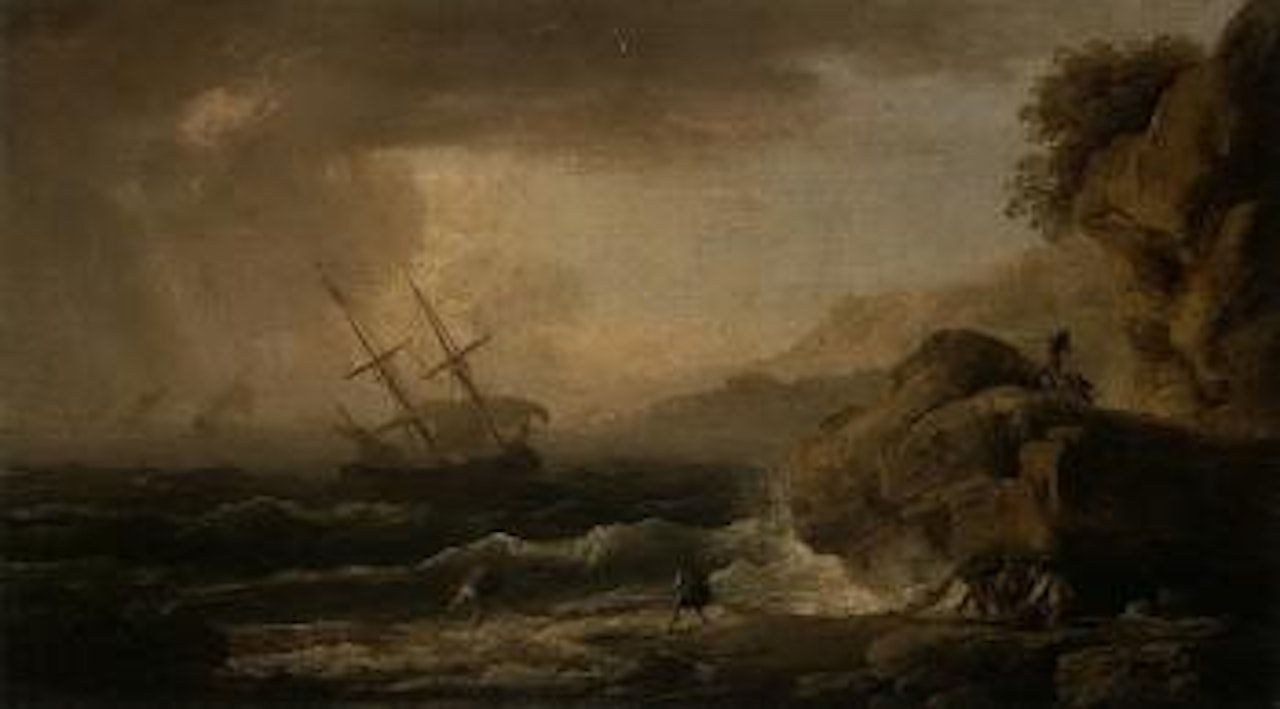 Coastal scene with shipping in storm. Coast scene with shipping in calm by Claude Joseph Vernet