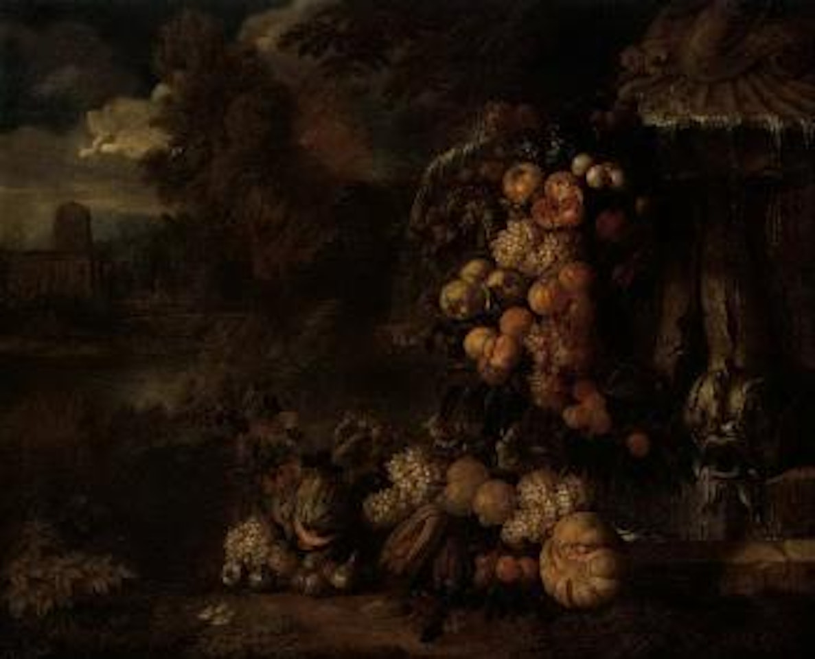 Still lifes of fruit swags in ornamental gardens by Jan Pauwel Gillemans