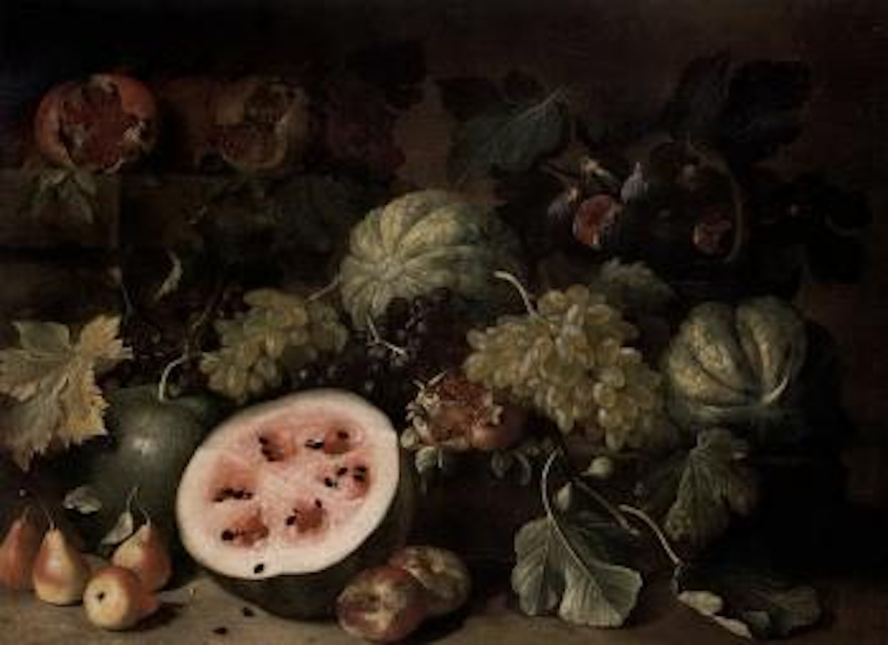Still life of melons, fruit and figs in basket by Neapolitan School