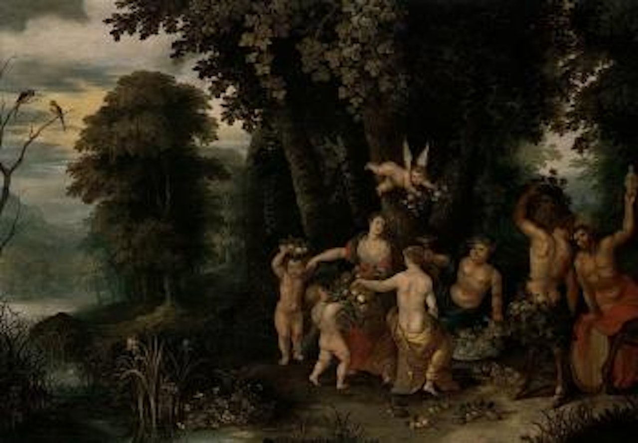 Bacchus and Ceres feasting on food and wine in wooded landscape by Abraham Govaerts