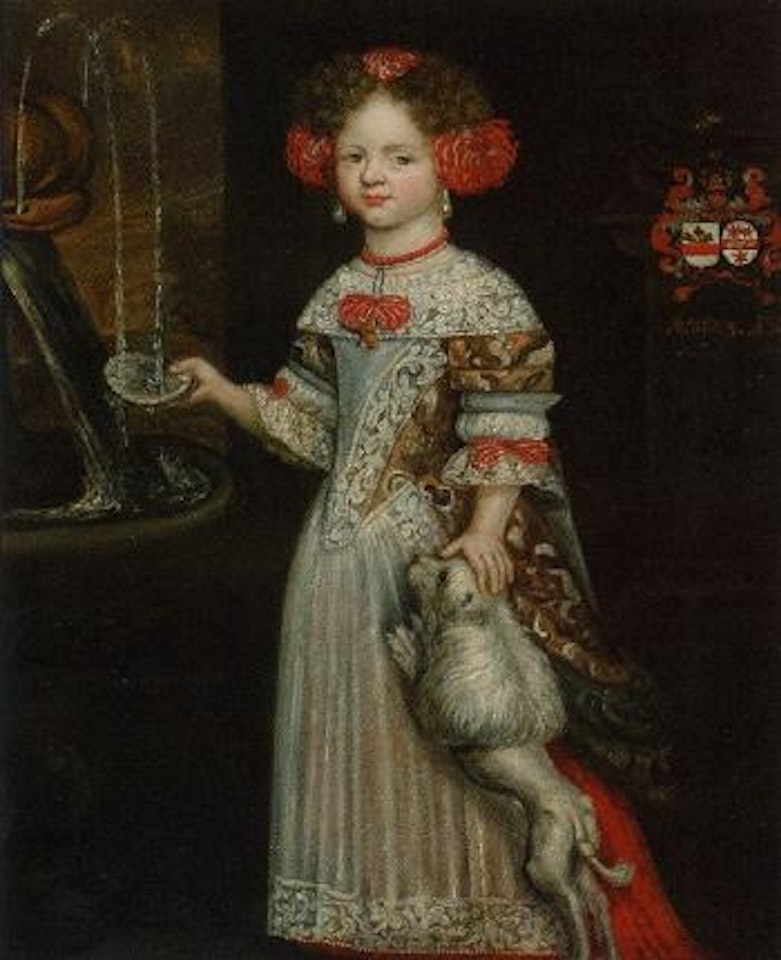Portrait of girl in white dress holding scallop shell at fountain by Dutch School