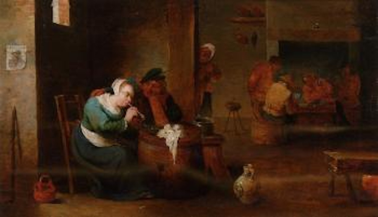 Peasants drinking and playing cards in inn by David Teniers II