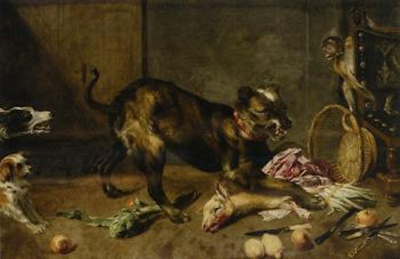 Hound guarding animal lights from other dogs by Frans Snyders