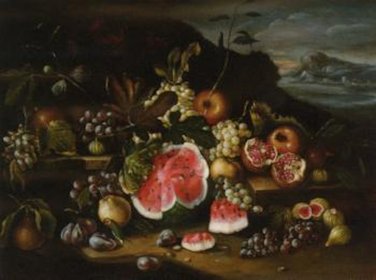 Grapes, apples, pomegranates and watermelon on ledge by Abraham Brueghel