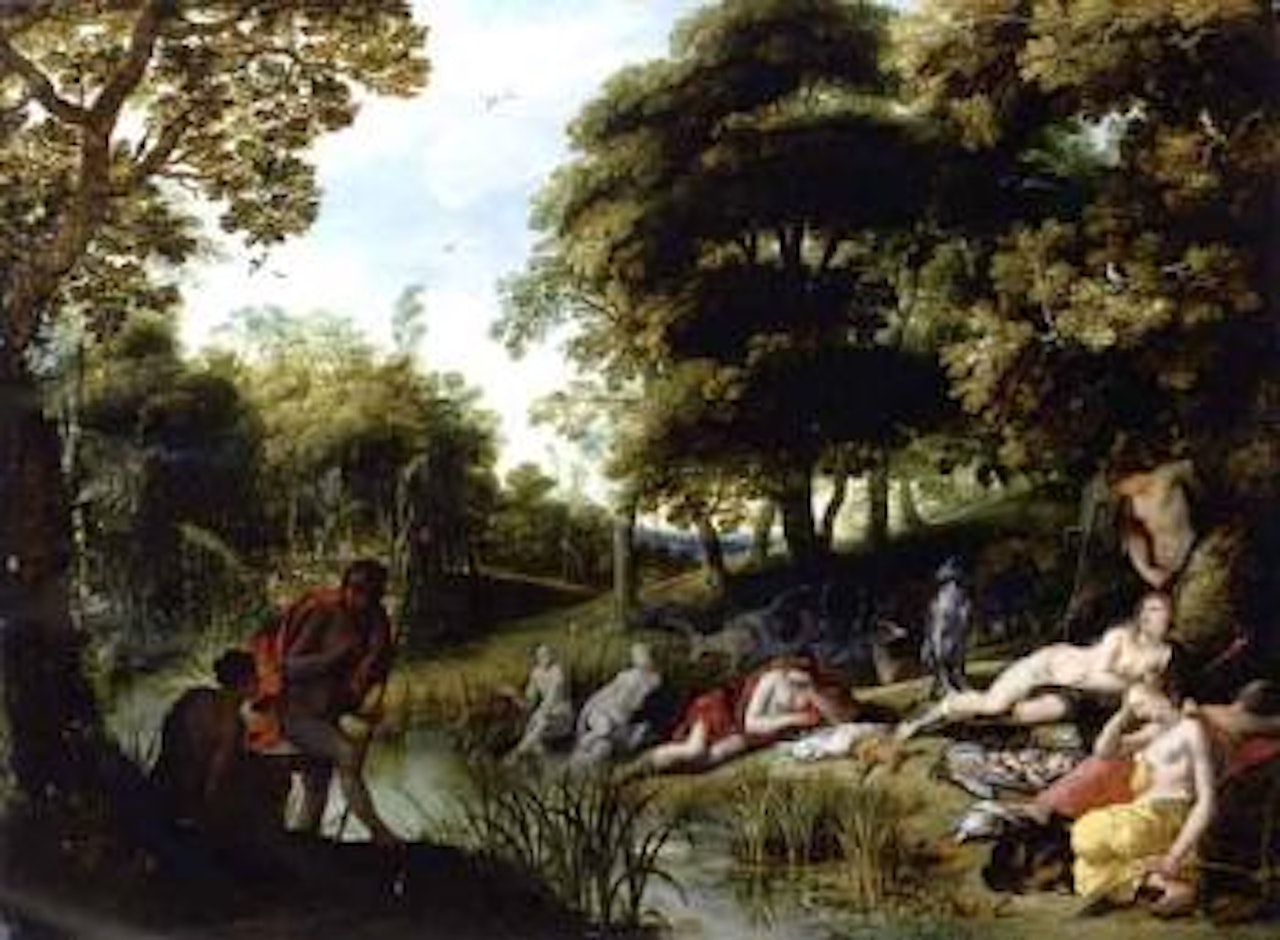 Wooded landscape with Diana and her nymphs resting after the chase by Alexander Keirincx by Adriaen van Stalbemt