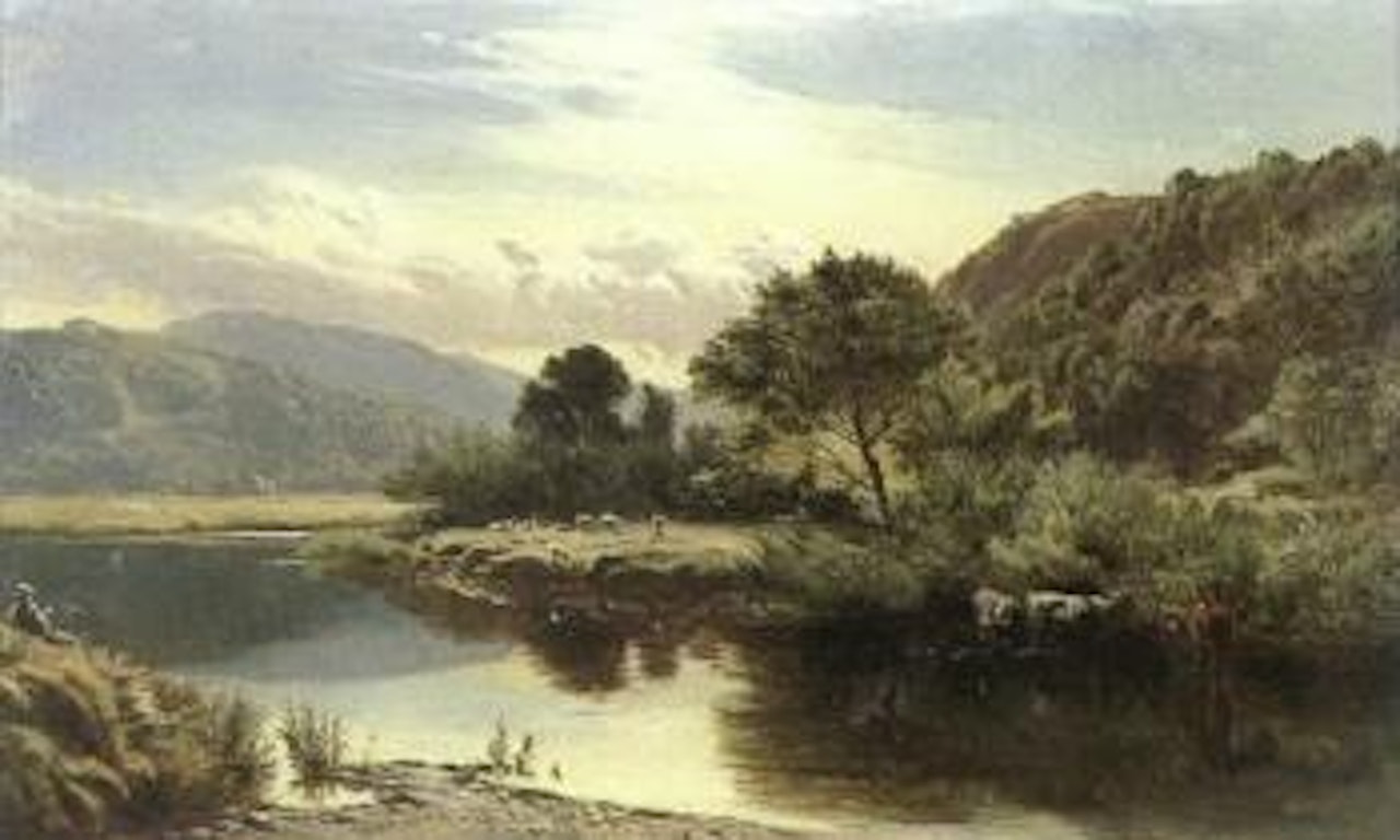 Figure on bank of highland river, cattle watering, sheep grazing by Sidney Richard Percy