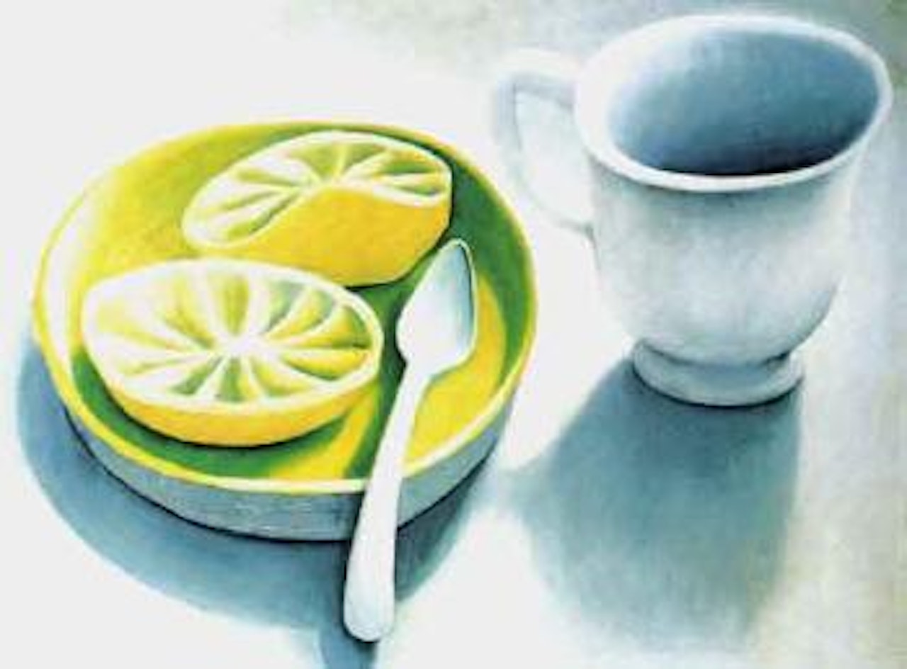 Still life with lemons and mug by Michael Smither
