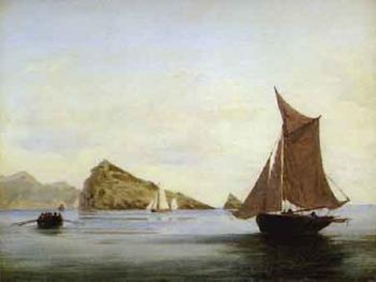 Fishing boats near rocky coast by Anton Melbye