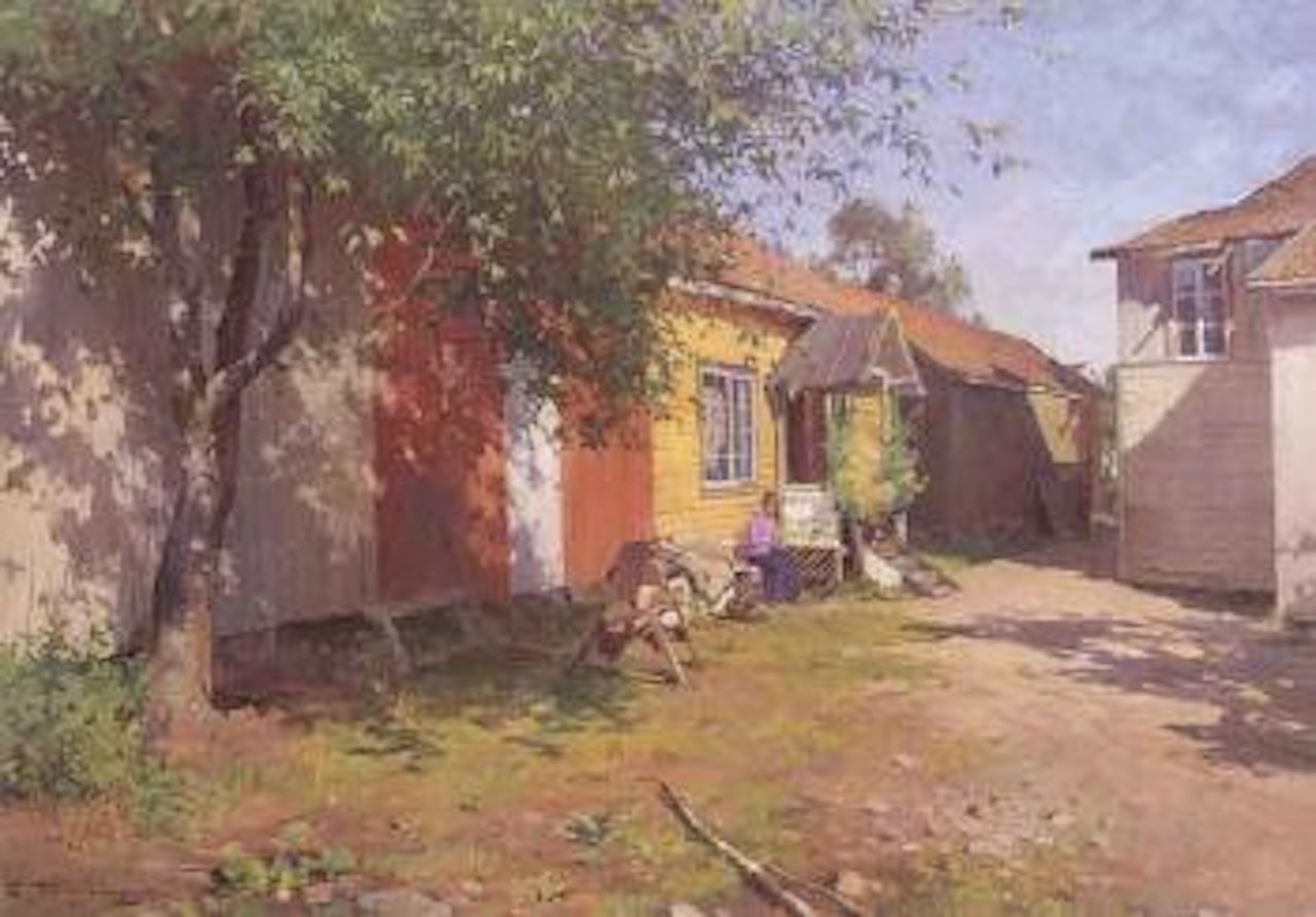 Farm yard with woman knitting by Even Ulving
