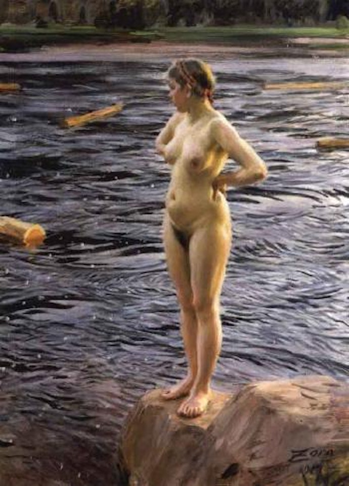 Flottar Maja - female nude watching timber floating by by Anders Zorn