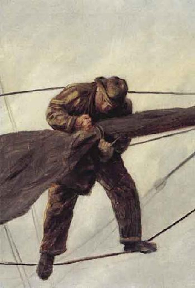 Man tying the sails in rough seas by Christian Krohg
