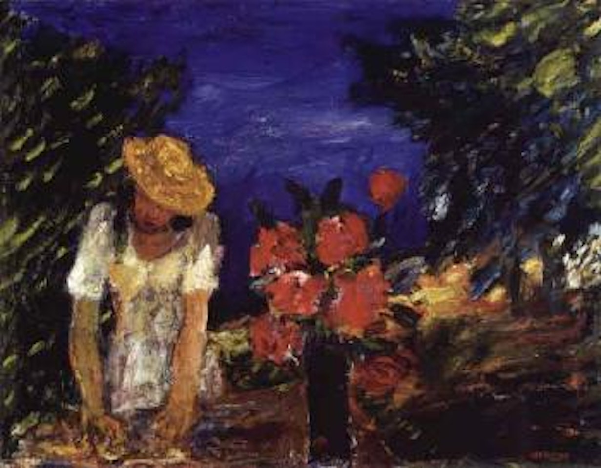 Woman wearing hat by red flowers by Ivan Ivarson