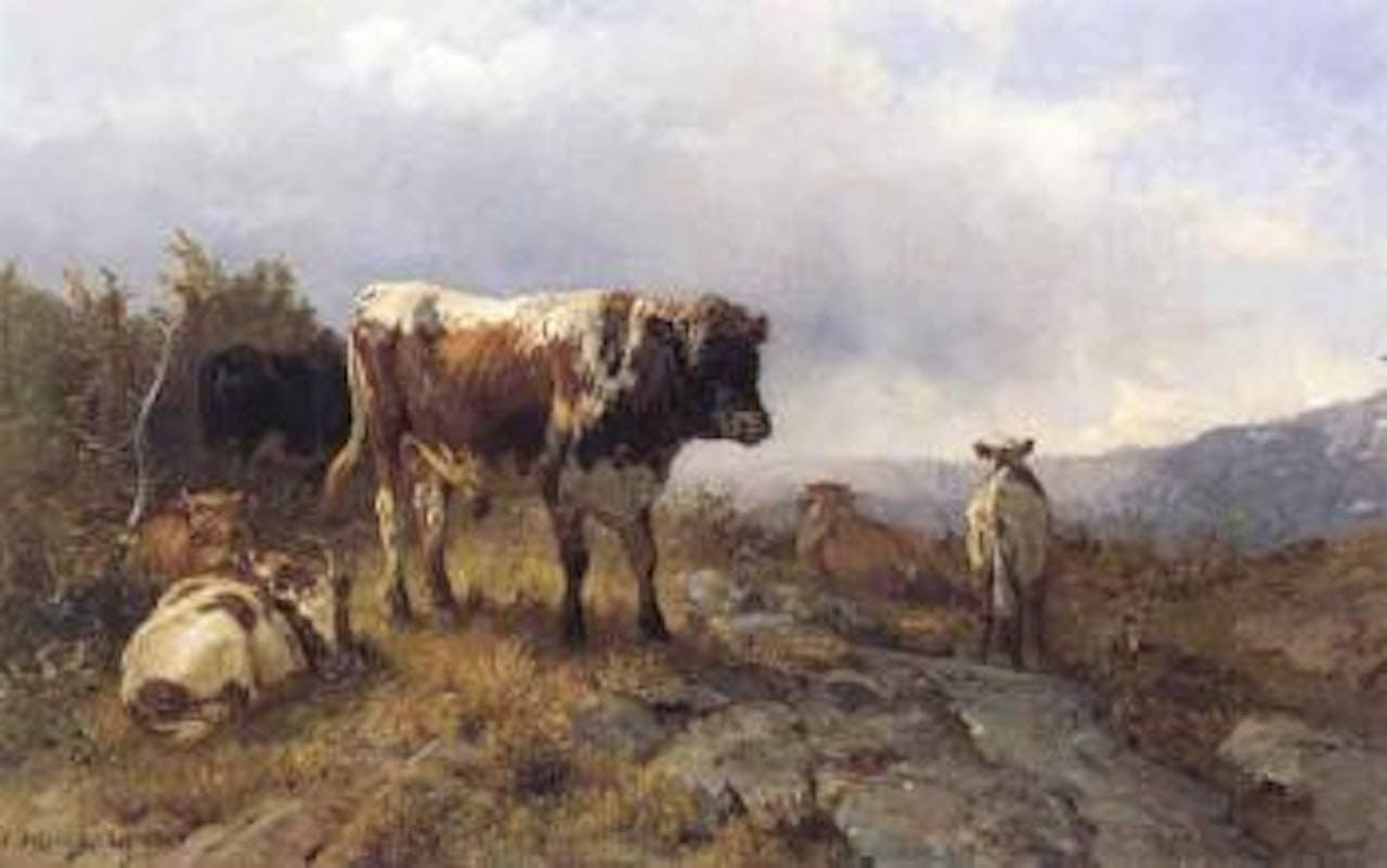 Ox and cattle in mountain landscape by Anders Monsen Askevold