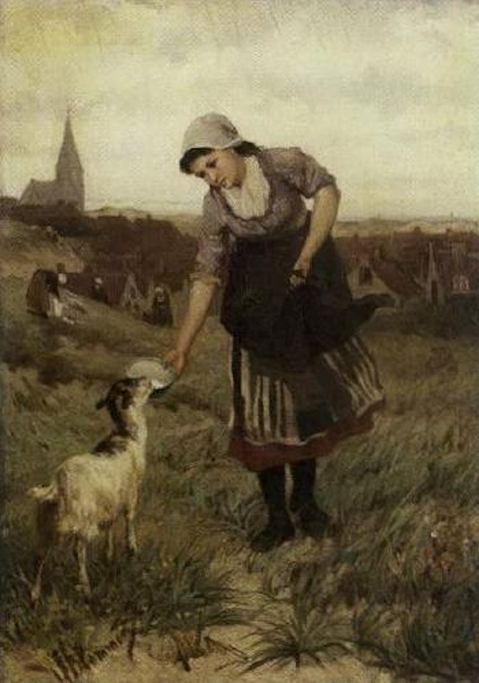 Girl feeding goat by Dutch School