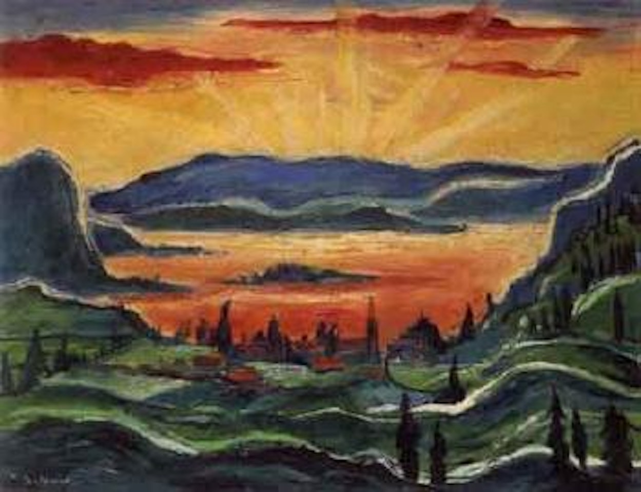 Landscape with setting sun by Franz Heckendorf