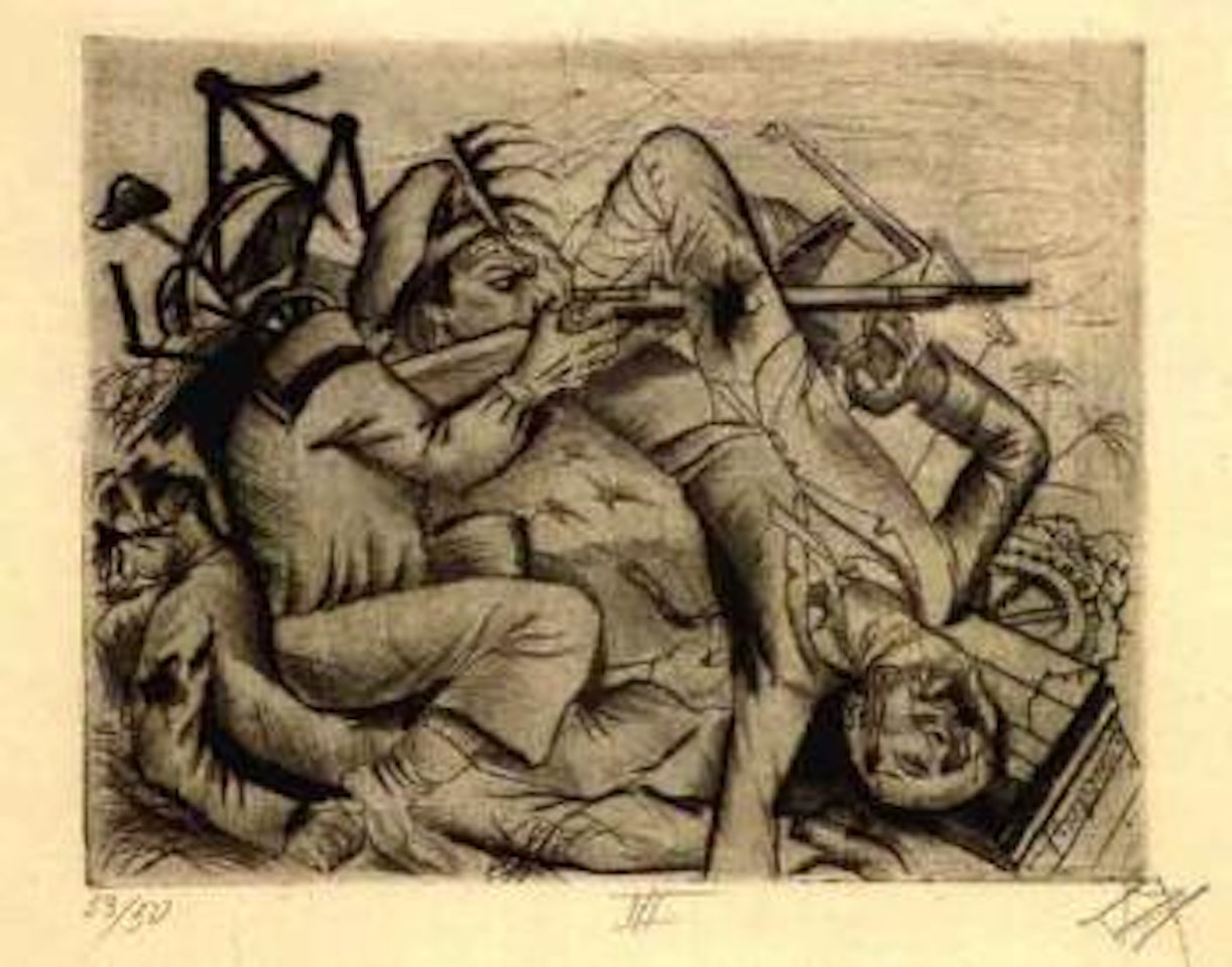Soldier aiming gun through dead comrade's legs by Otto Dix