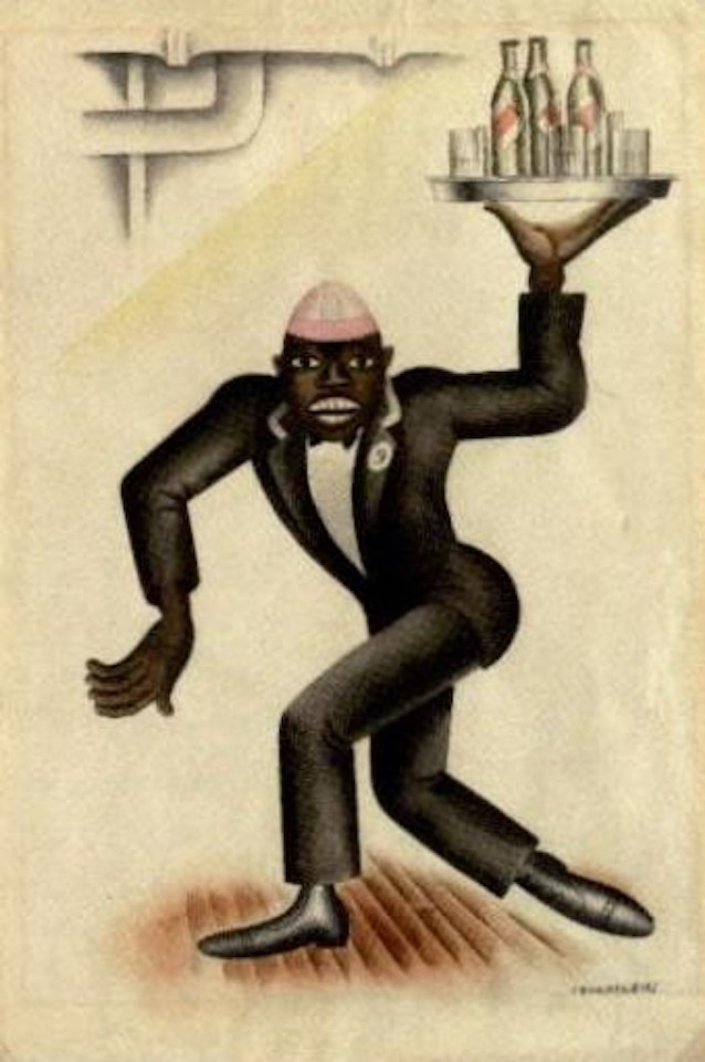 Waiter with tray of bottles and glasses by Miguel Covarrubias