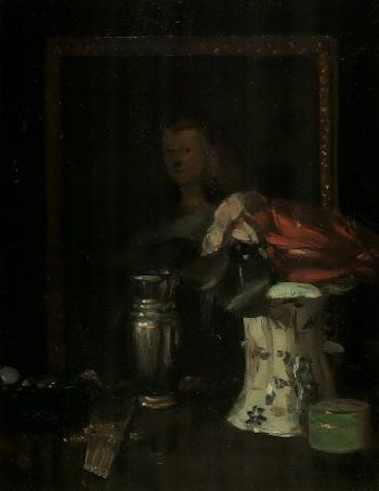 Still life roses, portrait, vase and fan by George Leslie Hunter